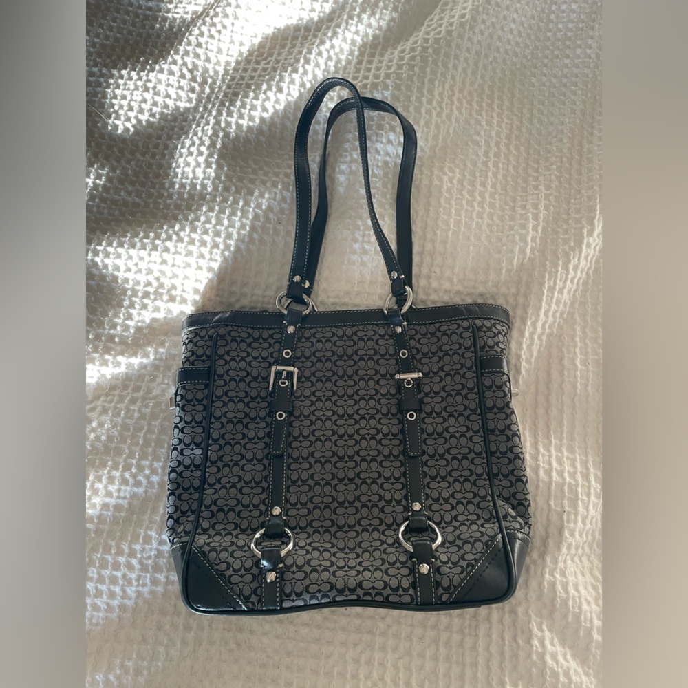 Coach signature black tote purse c black silver bag c designer